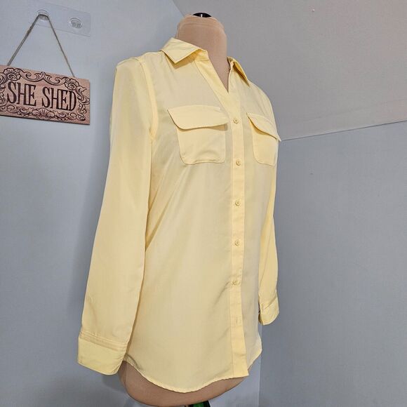 D & Co Top Womens XXS Button Front Long Sleeve Chest Pockets Yellow Minimal - Picture 3 of 11